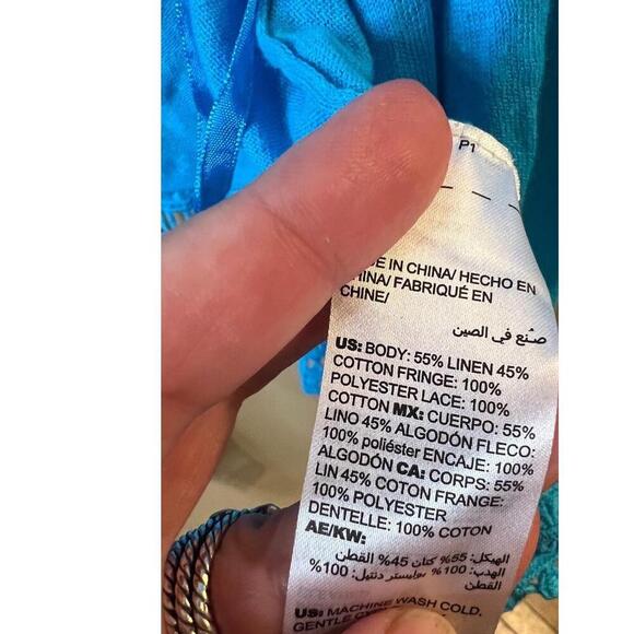 NWT Chicos Blue Crochet Lace Hem Tassel Trim Open Front Cardigan Size 4 (XL) - Picture 4 of 11